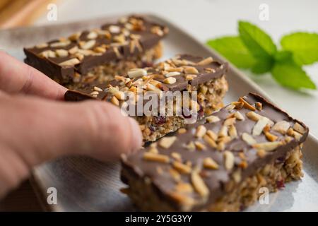 Hausgemachte Energieriegel aus Hafer, Nüssen und Schokolade. Stockfoto