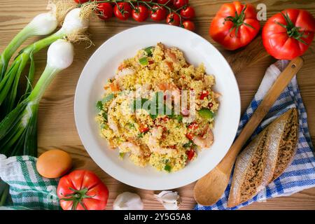 Couscous-Salat mit Gemüse und Garnelen. Tisch mit Draufsicht und Dekoration. Stockfoto