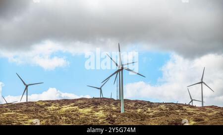 Nur wenige Windräder stehen auf einem grasbewachsenen Hügel vor einem Hintergrund von blauem Himmel und weißen Wolken. Stockfoto