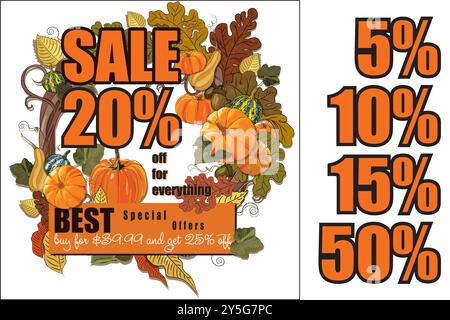 Herbstdesign - Magic Garden. Ein Kranz aus Reben mit Kürbissen, Eichenblättern und Eicheln Stock Vektor