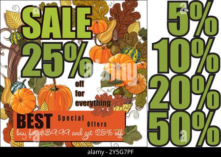 Herbstdesign - Magic Garden. Ein Kranz aus Reben mit Kürbissen, Eichenblättern und Eicheln Stock Vektor