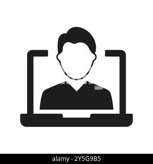 Symbol für männliche Avatar-Silhouette auf dem Laptop-Bildschirm. Online-Kommunikation oder Videoanrufe, virtuelle Meetings und Remote-Interaktion. Isolierter Vektor Stock Vektor