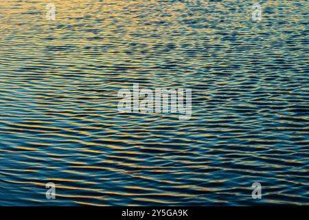 Weiche Wellen erzeugen strukturierte Muster unter dem warmen Licht des Abendlichts. Stockfoto