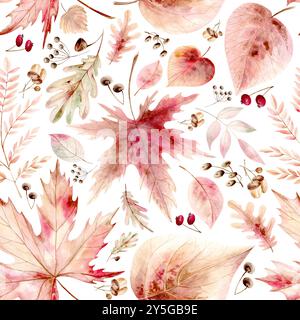 Nahtloses Muster von Herbstblättern auf weißem Hintergrund. Ahorn, rowan, Lindenblätter, Beeren und Eicheln. Aquarellabbildung ist handgezeichnet, geeignet für die Dekoration von Feiertagstextilien und Karten Stockfoto