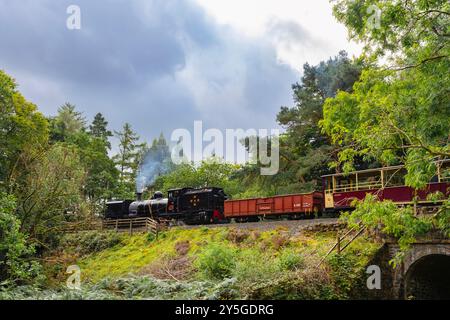 Die Dampfeisenbahn der Welsh Highland Railway überquert die Brücke bei Nantmor im Snowdonia-Nationalpark. Beddgelert, Gwynedd, Nordwales, Großbritannien Stockfoto