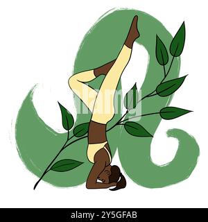 Junge Frau in Yoga-Pose mit Blättern, Pilates dehnendes Training, weiblicher Pferdeschwanz-Sport, Übungs-Yoga-Matte. Grüne Pastelltinte Skizzierillustration, minimalistische Zeichnung mit einfachen Pinselstrichen Stockfoto