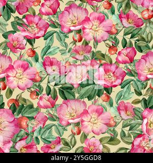 Hagebutte nahtloses Aquarellmuster auf grünem Hintergrund. Ornament mit rosa Blumen, roten Beeren Stockfoto