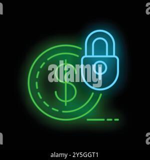 Das Vorhängeschloss in leuchtendem Neon sichert eine Dollar-Münze in dieser Illustration über finanzielle Sicherheit Stock Vektor