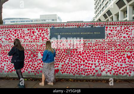 London, Großbritannien. September 2024. Die COVID-Untersuchung wird in den nächsten zehn Wochen Beweise dafür prüfen, wie sich die COVID-19-Pandemie auf die NHS-Dienste ausgewirkt hat. Die National COVID-19 Memorial Wall in London neben dem St. Thomas' Hospital. Die Gesamtzahl der Todesfälle, die an der Gedenkstätte aufgrund von COVID-19 aufgeführt sind, ist auf über 243 000 Todesfälle gestiegen. Es gibt Aufrufe, die Gedenkstätte dauerhaft zu gestalten, um an diejenigen zu erinnern, die aufgrund des in China ausgebrochenen COVID-19-Virus auf tragische Weise ihr Leben verloren haben. Kredit: Maureen McLean/Alamy Stockfoto