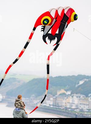 Mitglieder der Öffentlichkeit sehen einen spektakulären Drachen während des Filey Kite Festivals im Filey Country Park, North Yorkshire. Bilddatum: Sonntag, 22. September 2024. Stockfoto