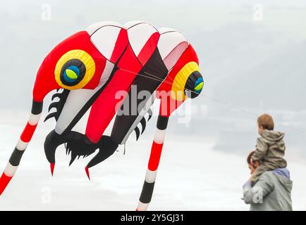 Mitglieder der Öffentlichkeit sehen einen spektakulären Drachen während des Filey Kite Festivals im Filey Country Park, North Yorkshire. Bilddatum: Sonntag, 22. September 2024. Stockfoto