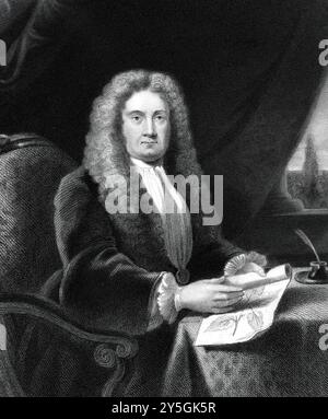 Hans Sloane (1660-1753. Englischer Arzt und Naturforscher. Gegründet Chelsea Physic Garden: Sekretär der Royal Society (1693-1713) - Portrait, Historical Graving Stockfoto