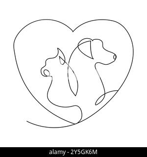 Hund und Katze eine Linie durchgehend. Strichgrafik Silhouette Hund und Katze. Handgezeichnete Vektorgrafik. Katzen- und Hundezeichnung in einem durchgehenden Linienskizzzzzenvektor Stock Vektor