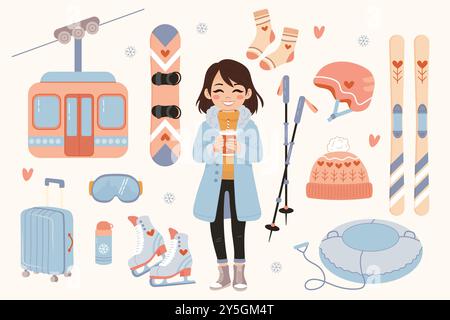 Setzen Sie den Winterurlaub, Sport. Mädchen, Seilbahn, Helm, Skier, Skates und andere Ausrüstung Vektor-Illustration niedlich Stock Vektor