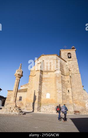 Kirche von Asunción und Rollo Jurisdiccional Denkmal, Boadilla del Camino, Jakobsweg, Palencia, Spanien Stockfoto