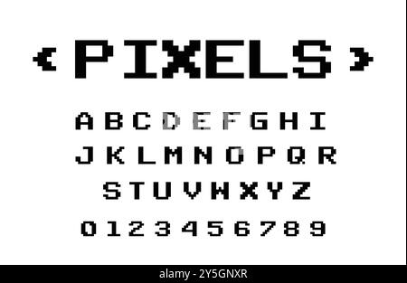 Y2K 00er gepixeltes schwarz-weißes Alphabet mit Zahlen. Für Posterdesign oder Typografie. Stock Vektor
