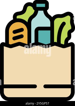 Papiertüte voller verschiedener gesunder Lebensmittel für eine gesunde Ernährung, darunter frischer Salat, Brot und eine Flasche Wasser Stock Vektor