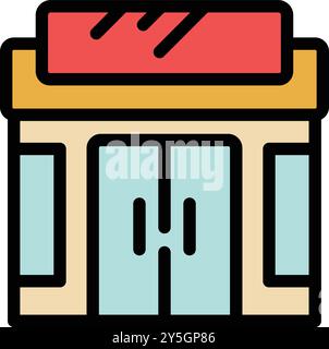 Farbenfrohe Ikone eines Stadtgeschäfts mit großen Fenstern, die Produkte zum Verkauf zeigen Stock Vektor