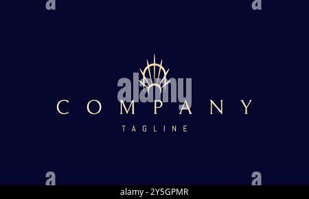 Goldenes Vektor-Logo mit einem abstrakten Bild der Tore des Himmels vor dem Hintergrund der Sonnenstrahlen. Stock Vektor