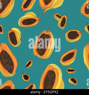 Nahtloses Papaya-Muster. Farbenfroher Hintergrund. Lebensmitteldruck ideal zum Bedrucken von Stoffen, Geschenkpapier und Tapeten Stock Vektor