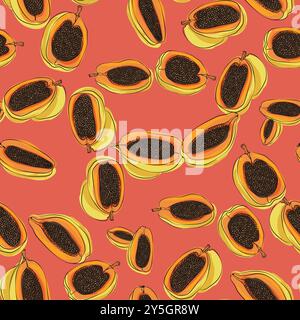 Nahtloses Papaya-Muster. Farbenfroher Hintergrund. Lebensmitteldruck ideal zum Bedrucken von Stoffen, Geschenkpapier und Tapeten Stock Vektor