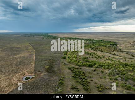 Bäume wachsen in einer Kurve des Cimarron River im Cimarron National Grassland im Westen von Kansas, USA Stockfoto