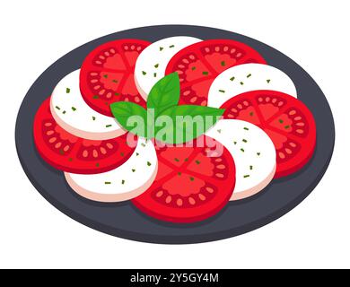 Caprese Salat, klassisches italienisches Essen. Tomaten- und Mozzarella-Scheiben mit Basilikumblatt auf schwarzer Platte. Flache Zeichentrickgrafik Vektor ClipArt Illustration. Stock Vektor