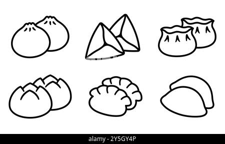 Verschiedene Knödel und Brötchen handgezeichnetes Doodle Set. Schwarzweißzeichnung, Symbole für Vektorlinien. Traditionelle chinesische Küche, asiatische Küche. Stock Vektor