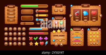 Cookie-Cracker-Spieloberfläche. UI-Spielelemente, einschließlich Zeichentrickfenster, Optionen, Einstellungsplatten, Fortschrittsbalken und gui-Symbole. Bedienfelder, Boards, Schieberegler, Tasten, Schaltflächen und Menüs der Benutzeroberfläche Stock Vektor