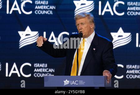 New York City. September 2024. Der ehemalige US-Präsident Donald J Trump, der 2024 für die Republikanische Partei nominierte Präsident der USA, äußerte sich auf dem Gipfel des Israel-American Council (IAC) im Washington Hilton Hotel in Washington, DC am Donnerstag, den 19. September 2024. Gutschrift: Ron Sachs/CNP für NY Post (EINSCHRÄNKUNG: KEINE tägliche Post. KEINE New York oder New Jersey Zeitungen oder Zeitungen im Umkreis von 75 Meilen um New York City.) Quelle: dpa/Alamy Live News Stockfoto