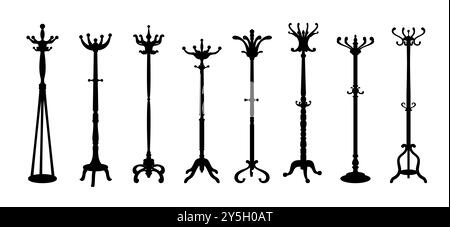 Garderobe und Hüte mit Kleiderbügeln für Kleidungsstücke, Vektor-Silhouettensymbole. Kleiderbügel für Hüte und Mäntel mit Haken, Kleiderschrank oder Boutique-Vintage-Retro-Ständer mit Holzschienen Stock Vektor