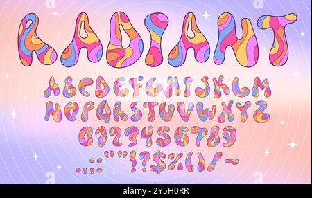 Rainbow Retro 60er Jahre Hippie Schriftart, groovige Schriftart, psychedelische Art, bold Wave Alphabet auf funky Sterne Vektor Hintergrund. Groovige Hippie-Schriftart mit Buchstaben und Zahlen in englischer Schrift mit gewelltem farbenfrohem Muster Stock Vektor