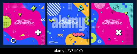 Abstrakte geometrische Memphis-Banner. Moderne quadratische Vorlagen. Verspielte Vektorkarten oder Medienbeiträge zeigen leuchtende Farben, einfache Formen und auffällige Muster im Retro-modernen Stil der 1980er Jahre Stock Vektor