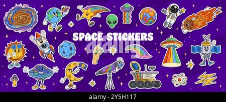 Groovige Weltraumfiguren-Aufkleberpackung mit Planeten, Astronauten, Raketen, Ufos und Kometen, Himmelskörpern, Teleskop-, rover- und Weltraumobjekte mit lustigen Ausdrücken. Comic Vektor kosmische Patches Stock Vektor