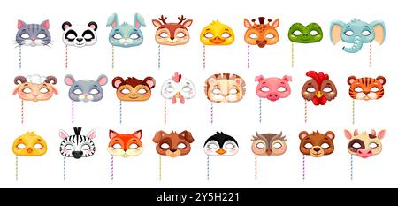 Karneval Festival Party Tiermasken, Vektor Halloween Kinderkostüm von Katze, Fuchs, Panda und Kaninchen. Cartoon Tiergesichter auf Stöcken, niedlicher Pinguin, Bär, Wolf und Hund, Eule, Affe, Maus, Kuh und Hirsch Stock Vektor