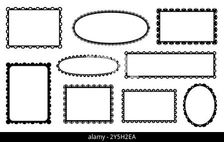 Muschelrahmen und Trennwände, Spitzenränder, Rüschenbänder mit Stoffverzierung. Vektor-gewellte runde, ovale, quadratische oder rechteckige Formen mit schwarzen, eleganten Kurven rühmen sich der Vintage-Raffinesse Stock Vektor