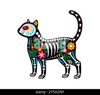 Tag der toten mexikanischen Katze Tier Skelett Tattoo. Farbenfrohe Zuckerschädelfigur eines Katze-Haustieres mit reichen Mustern und Knochen feiert die Erinnerung an verstorbene Haustiere. Vektor Dia de Los Muertos Kätzchen Stock Vektor