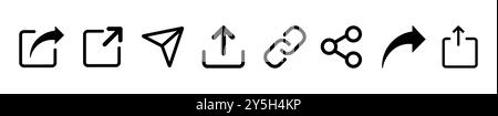 Schaltflächen für Freigabesymbol festgelegt. Symbolgruppe freigeben isoliert auf weißem Hintergrund. Symbol-Schaltfläche „Teilen“ in Linienart. Vektorabbildung. Stock Vektor