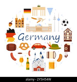 Deutsche Kulturelemente und Wahrzeichen Deutschlands, Oktoberfest-Elemente, Essen in runder Infografik. Wurst und Bier, Architektur und Denkmäler im Kreis mit Titel Cartoon Vektor Illustration Stock Vektor