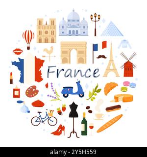 Französische Kulturelemente und Wahrzeichen, Flagge und Karte von Frankreich, Speisenmenü in rundem Infografik-Banner. Eiffelturm und Baskenmütze des Franzosen, Croissant und Käse, Roller Cartoon Vektor Illustration Stock Vektor