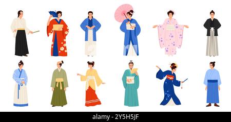 Japaner in traditionellen Kostümen. Frau und Mann in Nationalkleidung, männliche und weibliche Charaktere tragen unterschiedlichen Kimono und halten Papierfächer, Regenschirm Cartoon Vektor Illustration Stock Vektor