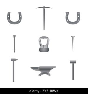 Stahlschmiede-Set, isoliert auf weißem Hintergrund. Vorderansicht, 3D-Vektordarstellung. Stock Vektor