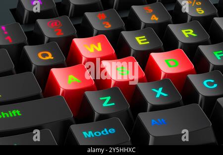 Rote WASD-Tasten auf einer Computertastatur, 3D-Rendering Stockfoto