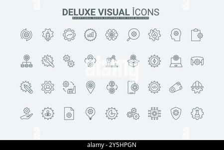 Sicherheitshut, Werkzeug des Arbeiters und Ingenieur und Zahnräder des Motors dünne schwarze Umrisssymbole Vektorillustration. Fabrikgetriebe, Prozessautomatisierung in der Industrie und Roboter-Liniensymbole gesetzt. Stock Vektor