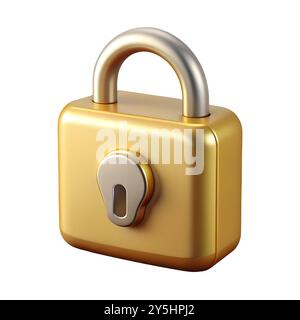 Goldenes Schloss 3D-Symbol auf weißem Hintergrund. Hochwertiges einfaches Rendering von 3D-Illustration mit Reflexionen. Stockfoto