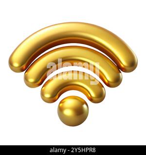 Goldenes 3D-wlan-Symbol auf weißem Hintergrund. Hochwertiges einfaches Rendering von 3D-Illustration mit Reflexionen. Stockfoto