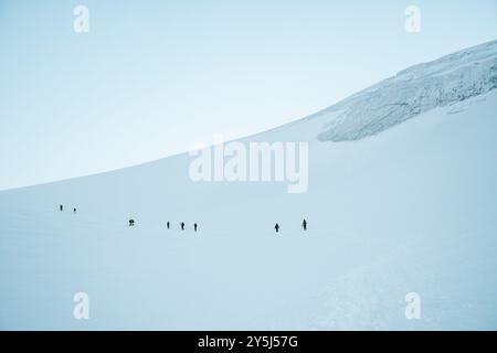 Eine Gruppe von Kletterern am frühen Morgen schiebt den Aufstieg auf den eisigen Kamm des Mount kazbek Peak in Georgia. Der Kazbek oder der Kazbegi ist ein ruhender Stratovulkan Stockfoto