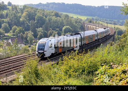 Eisenbahnverkehr auf dem Eisenbahnviadukt Altenbeken. RegionalExpress Zug von National Express RE11 Rhein-Hellweg-Express. Rhein-Ruhr-Express. Auf der Strecke Kassel-Wilhelmshöhe - Hamm HBF. Siemens Desiro HC Triebzüge. Altenbeken, Nordrhein-Westfalen, DEU, Deutschland, 03.09.2024 *** Eisenbahnverkehr auf dem Altenbeken-Eisenbahnviadukt Regionalexpress des Nationalen Express RE11 Rhein Hellweg Express Rhein Ruhr Express auf der Kassel Wilhelmshöhe Hamm HBF-Strecke Siemens Desiro HC werden Triebzüge eingesetzt Altenbeken, Nordrhein-Westfalen, DEU, Deutschland, 03 09 2024 Stockfoto