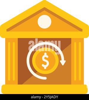 Diese Vektor-Illustration zeigt ein Bankgebäude mit einer rotierenden Dollarmünzensymbol, die den Geldumlauf und die Finanzoperationen symbolisiert Stock Vektor