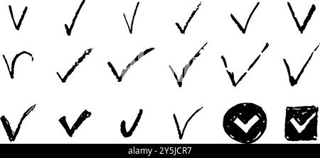 Set von Häkchenformen. Kollektion mit handgezeichneten Schildern in Schwarz V. Ja-Symbole für Abstimmung, Quiz oder Umfrage. Einfache Auswahlsymbole. Untergeordnetes Kritzelmarkierungselement prüfen Stock Vektor